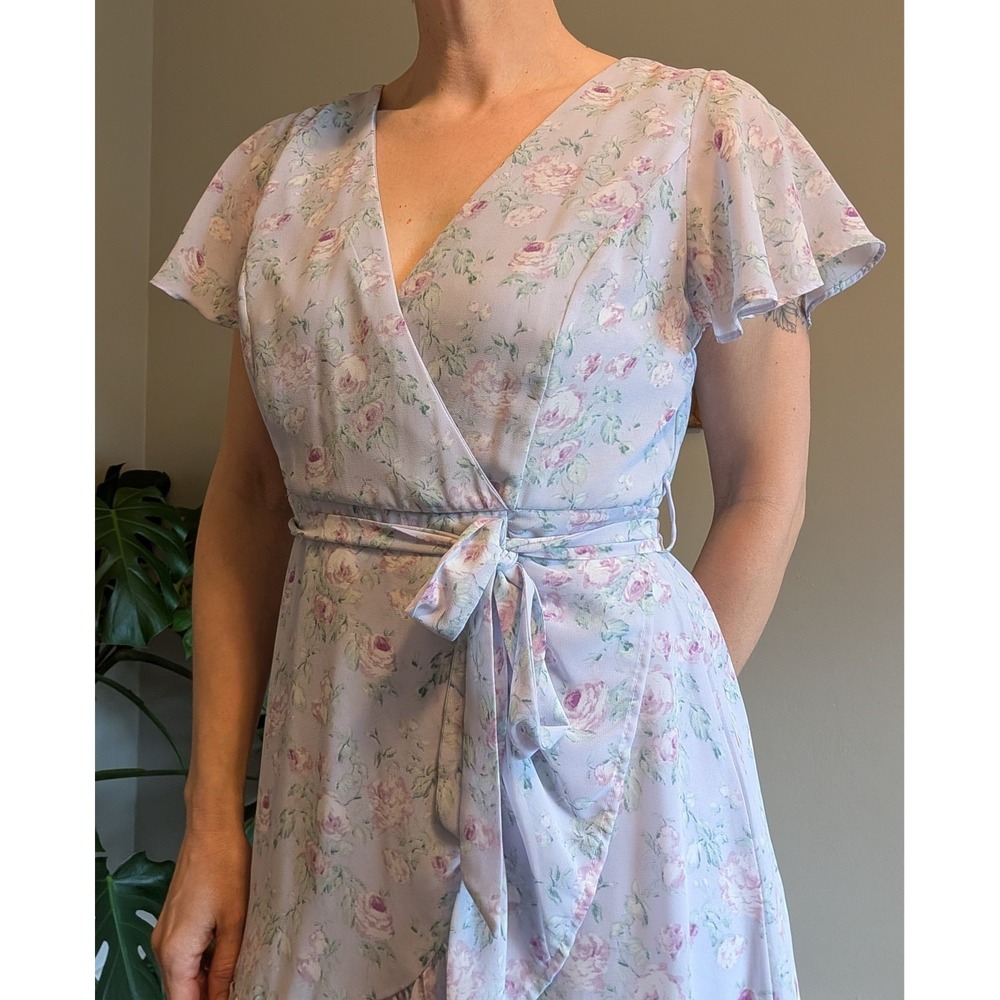 Pastel Floral Dress Fairy Coquette Twee Flutter Sleeve Purple Medium Faux Wrap - Picture 2 of 16